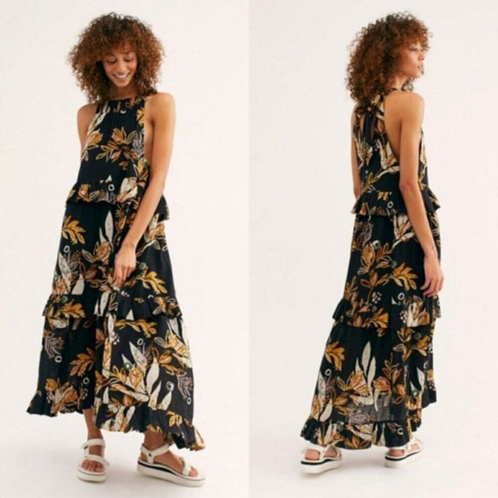 Free People Anita Printed Maxi Dress Size Small? Black Floral Tiered Boho